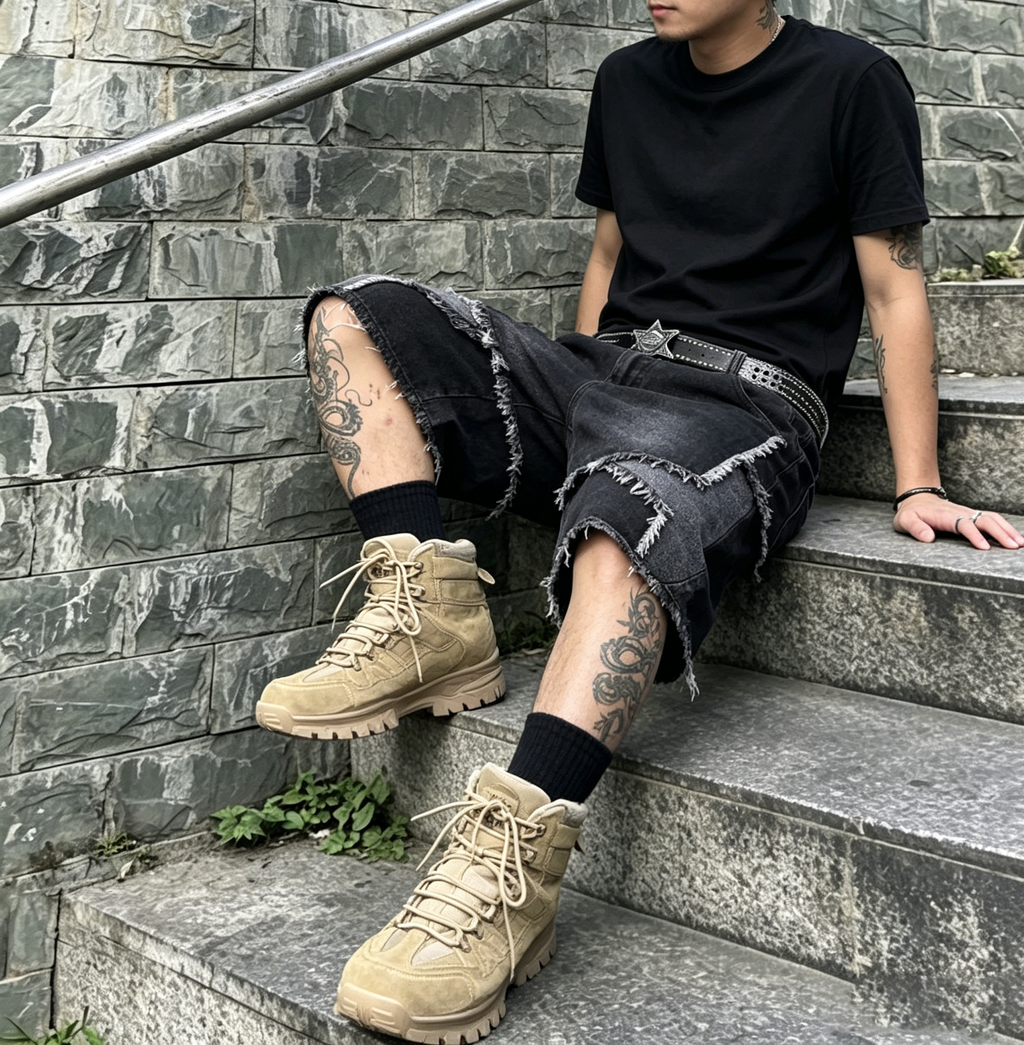 Star Pattern Frayed Hem Wide Leg Denim Jorts