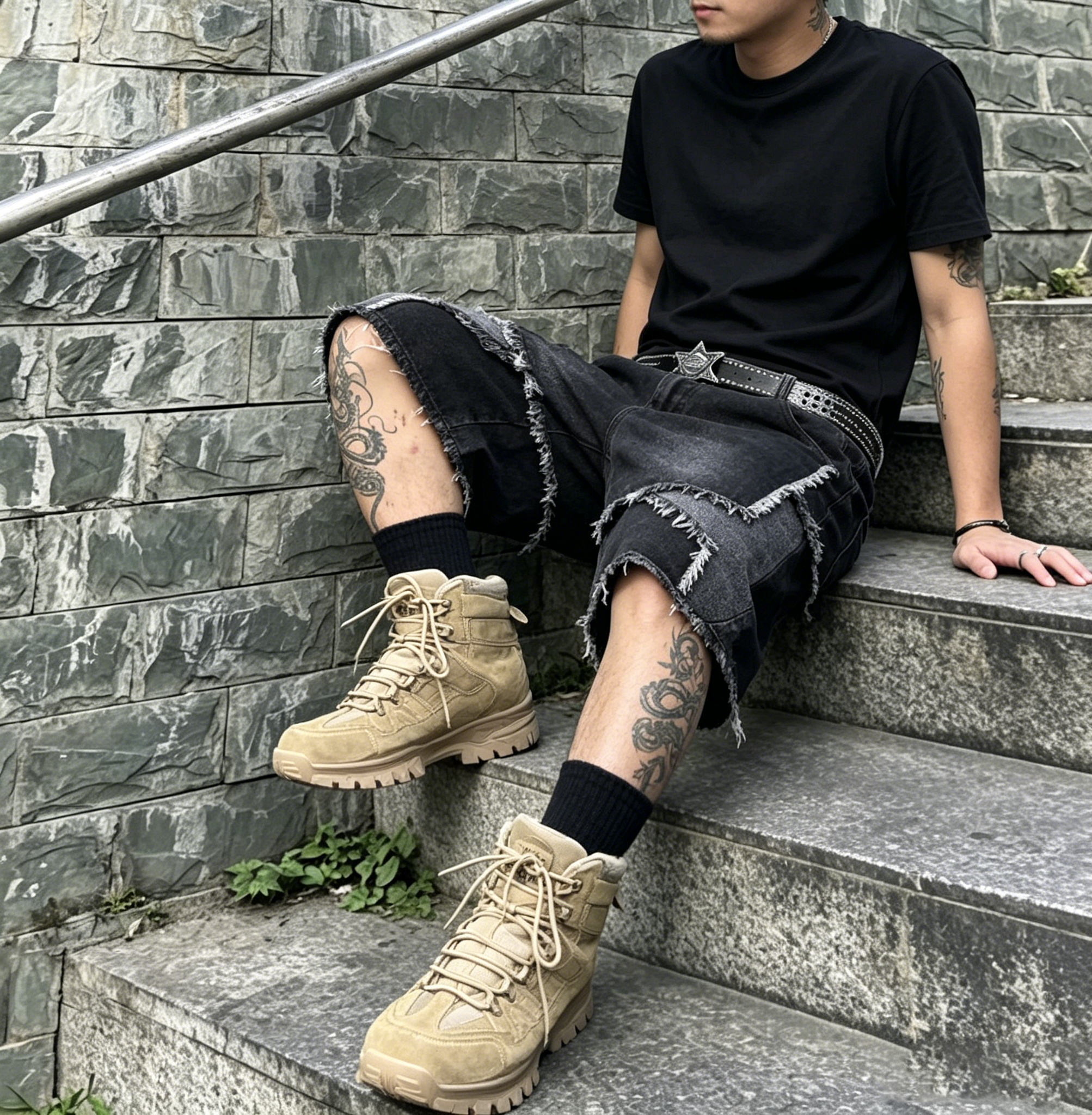 Star Pattern Frayed Hem Wide Leg Denim Jorts